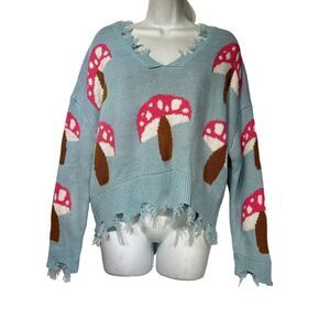 Just Polly New York Blue Mushroom Frayed V Neck Sweater Oversized Crop Size M